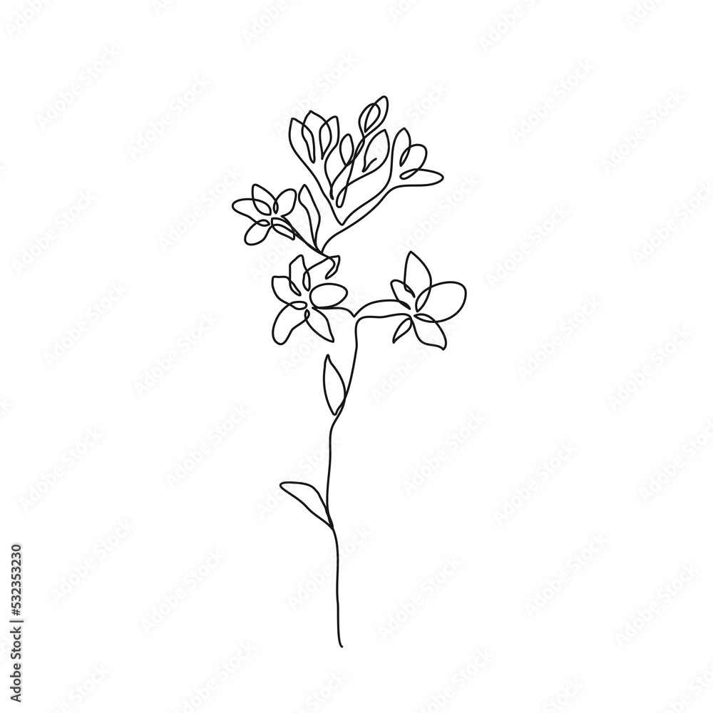 Continuous Line Drawing Of Plant Black Sketch of Flowers Isolated on White Background. Flower One Line Illustration for Minimalist Design. Vector EPS 10. Continuous Line Drawing Of Plant Black Sketch of Flowers Isolated on White Background. Flower One Line Illustration for Minimalist Design. Vector EPS 10.