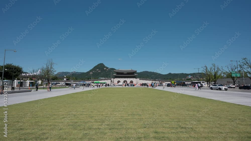 Gwanghwamun Gate - gateway to Gyeongbokgung Palace, Seoul city Gwanghwamun Plaza rebuilt in 2022 - extreme wide angle view copy space Gwanghwamun Gate - gateway to Gyeongbokgung Palace, Seoul city Gwanghwamun Plaza rebuilt in 2022 - extreme wide angle view copy space
