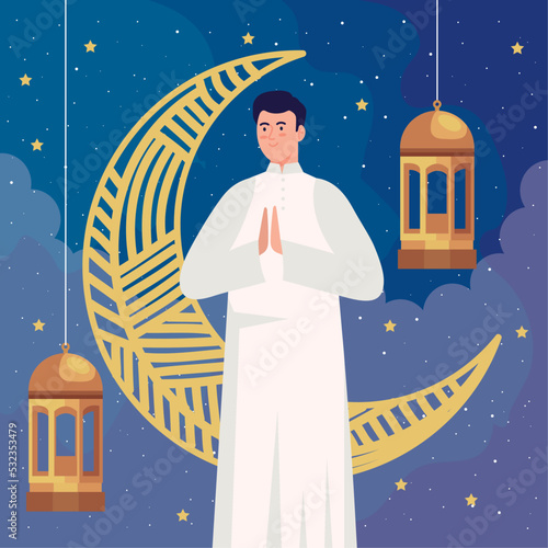 muslim man praying with moon
