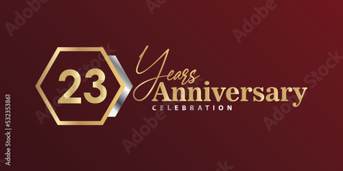 23rd Year Anniversary Celebration Golden and Silver Color with Hexagon Shape for Celebration Event, Wedding, Greeting card, and Invitation Isolated on Black Background