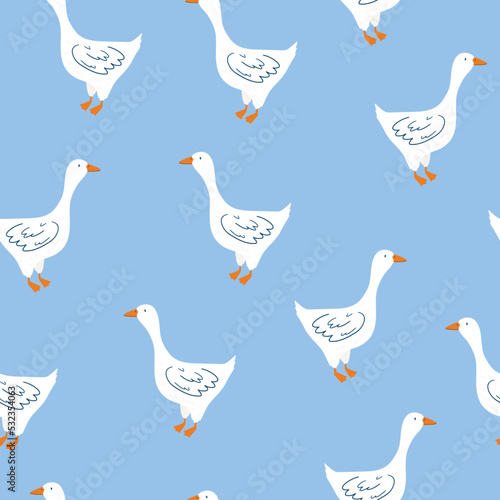 Pattern with cute goose on blue background. Vector illustration in flat style. Digital animal repeat background.  Design for fabric, wallpaper or wrap paper.