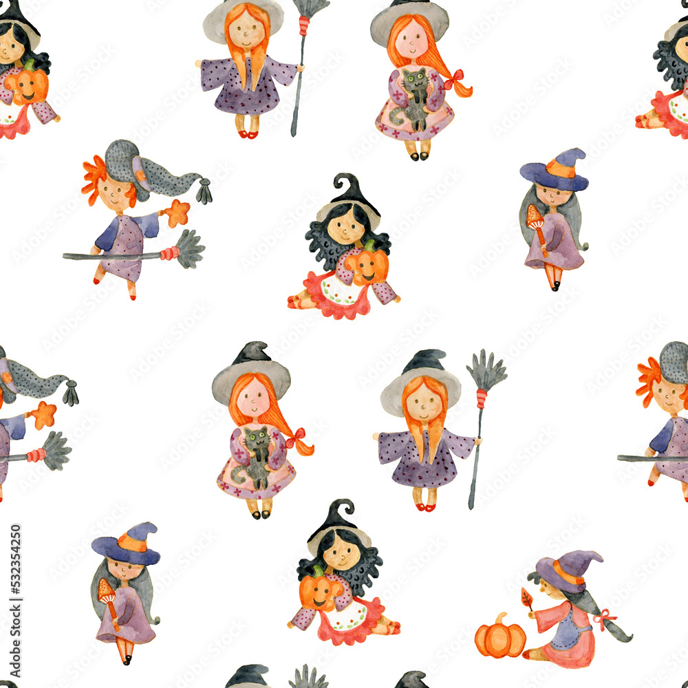 Fototapeta premium Halloween seamless pattern with cute witches, pumpkins, fly agaric, bats in cartoon style. Witches, ghosts, trick or treat, pumpkins Halloween background. Watercolor illustration.