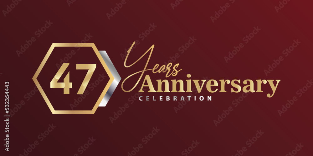 47th Year Anniversary Celebration Golden and Silver Color with Hexagon Shape for Celebration Event, Wedding, Greeting card, and Invitation Isolated on Black Background 47th Year Anniversary Celebration Golden and Silver Color with Hexagon Shape for Celebration Event, Wedding, Greeting card, and Invitation Isolated on Black Background