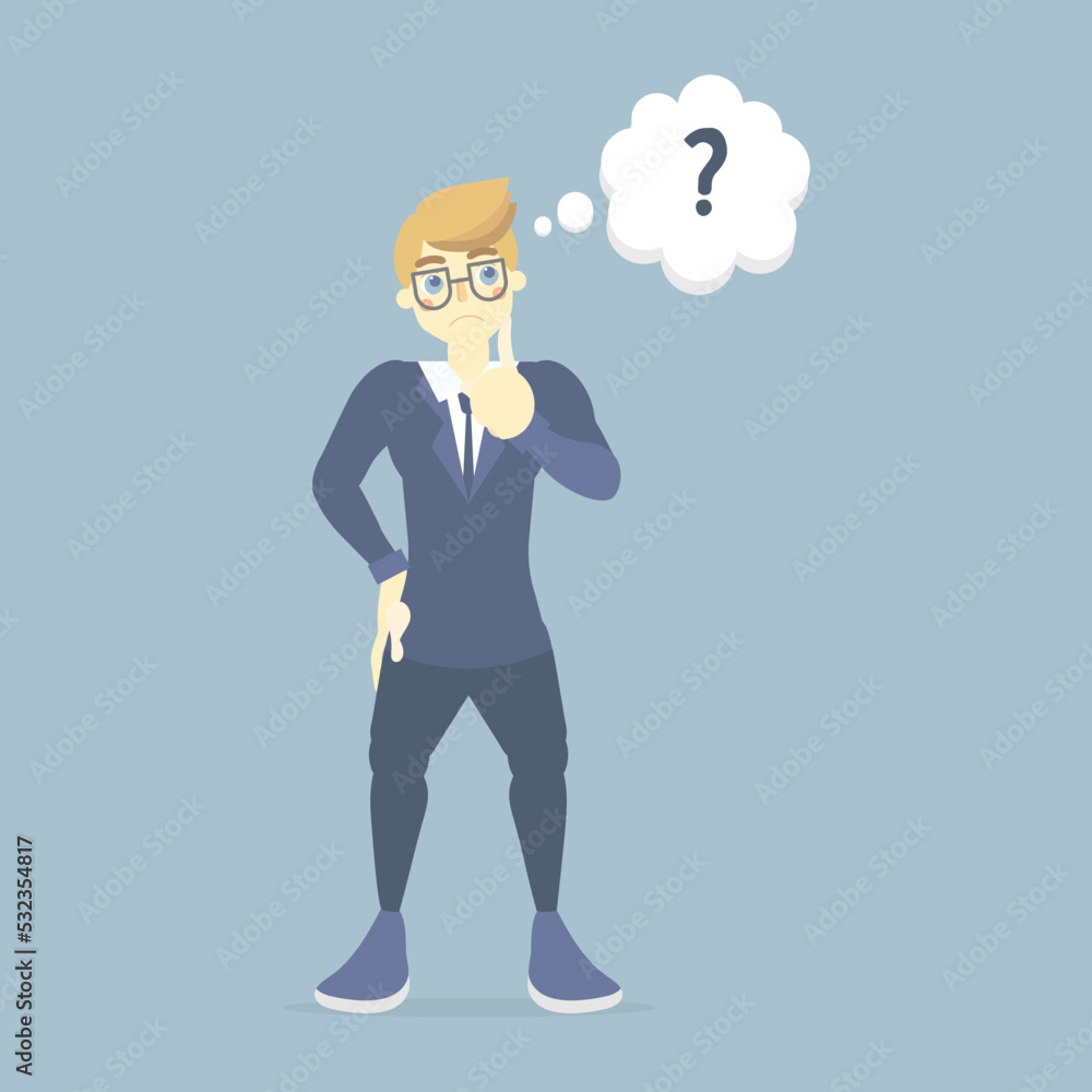 confused businessman in suit standing with question mark, having idea creative inspiration, thinking, dreaming concept, flat vector illustration character cartoon design clip art