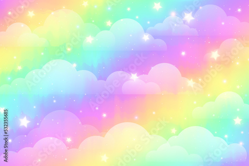 Rainbow unicorn background with clouds and stars. Pastel color sky. Magical landscape, abstract fabulous pattern. Cute candy wallpaper. Vector.