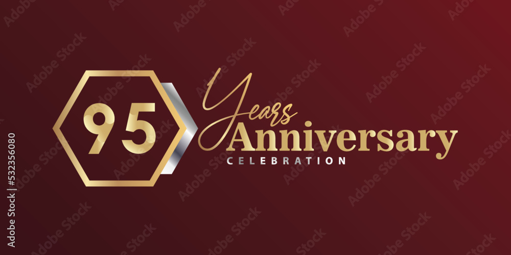 95th Year Anniversary Celebration Golden and Silver Color with Hexagon Shape for Celebration Event, Wedding, Greeting card, and Invitation Isolated on Black Background 95th Year Anniversary Celebration Golden and Silver Color with Hexagon Shape for Celebration Event, Wedding, Greeting card, and Invitation Isolated on Black Background