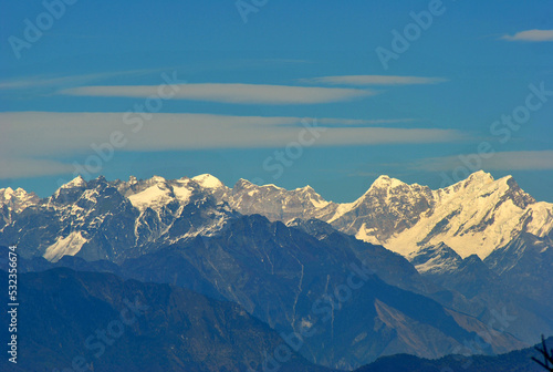 A magnificent view of snowcapped Mt. Kanchenjunga range looks mesmerizing early morning as seen from Temi Tea Estate near Damthang in South Sikkim. © Bishal