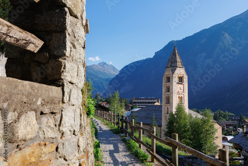 View of the Bell Tower of the Church of San Pantaleone in Courmayeur, Aosta Valley - Italy