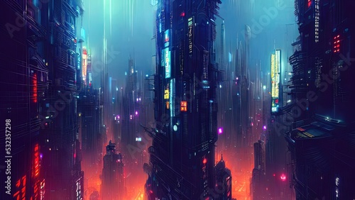 Cityscape of asian cyberpunk city at night. Neon  skyscrapers  fantasy cyber city. 3D illustration