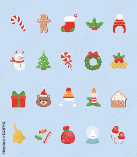 20 elements of Christmas, candy cane with gingerbread man with christmas tree and snowman with christmas wreath combination for greeting card invitation card christmas card