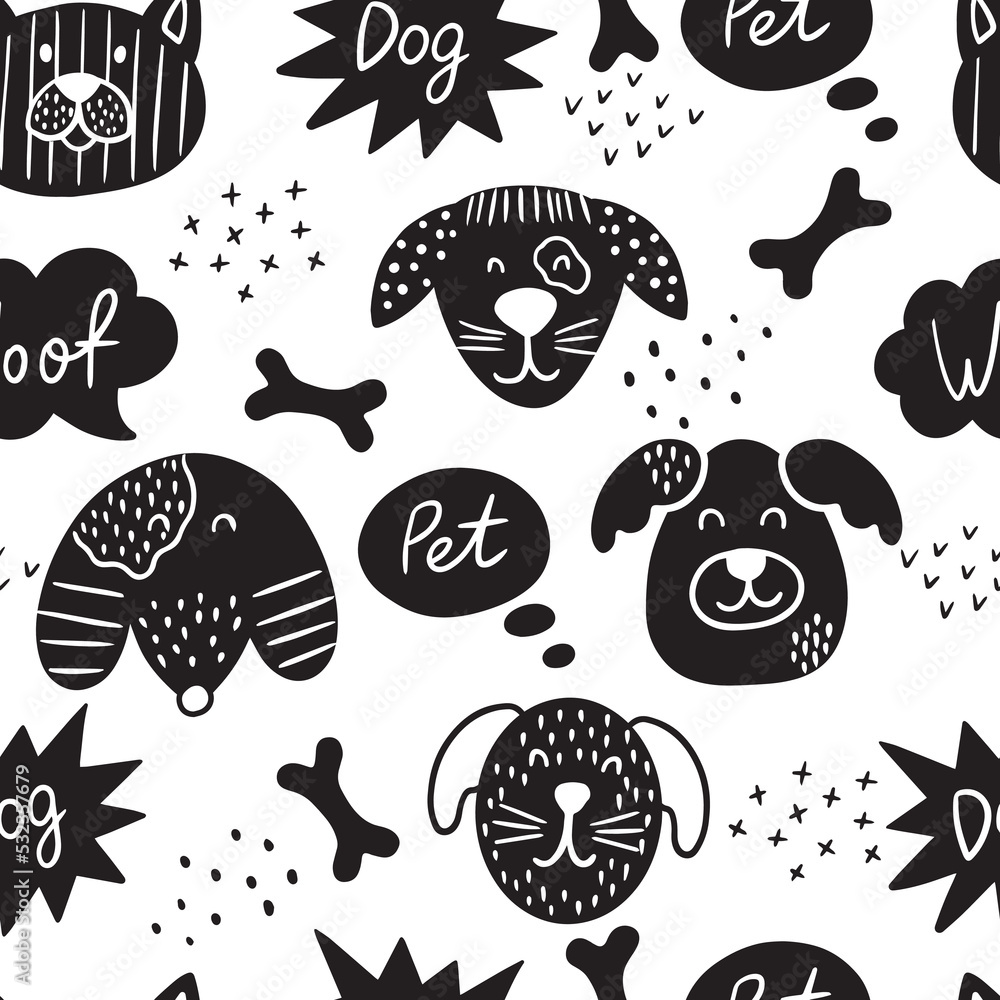 Fototapeta premium Scandinavian seamless pattern with hand-drawn dogs, short phrases, speech bubbles, and bone.