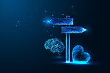 Concept of emotional and logical choice with futuristic human heart, brain and signpost symbols 