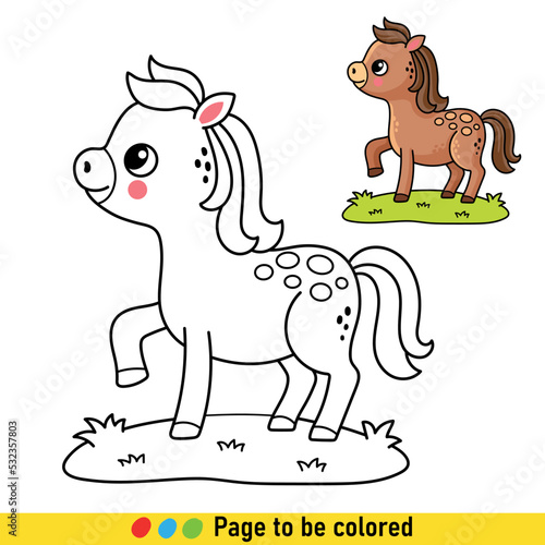 Coloring book with a cartoon-style pony. Black and white illustration with a horse.