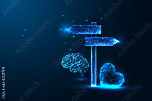 Concept of emotional and logical choice with futuristic human heart, brain and signpost symbols 
