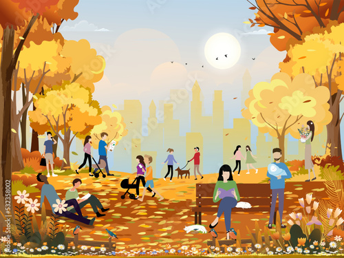 Autumn landscape in city park with happy people having fun, family walking the dog,boy talking on phone, man reading news paper and a girl sitting on bench having coffee reading book in orange foliage