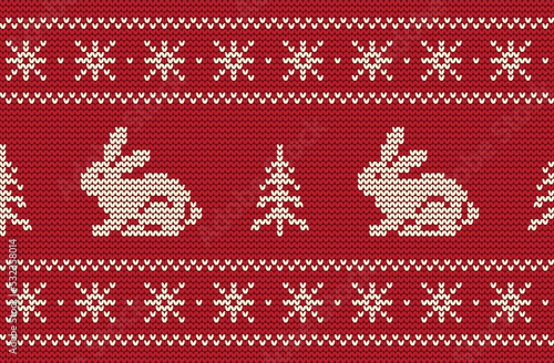 Knitted pattern with rabbits and christmas trees on a red background. Christmas background. Seamless border. 2023 Year of the Rabbit. Ornament. Vector illustration