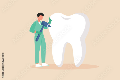 Dentist drill teeth in the mouth patient. Dentist concept. Colored flat vector illustration.