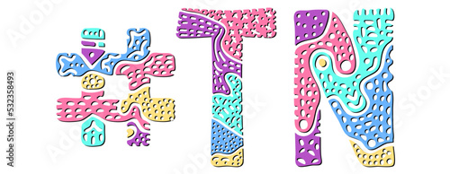 TN Hashtag. Multicolored bright isolate curves doodle letters. Hashtag #TN is abbreviation for the US American state Tennessee for social network, web resources, mobile apps.