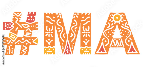 MA Hashtag. Multicolored bright isolate curves doodle letters. Hashtag #MA is abbreviation for the US American state Massachusetts for social network, web resources, mobile apps.