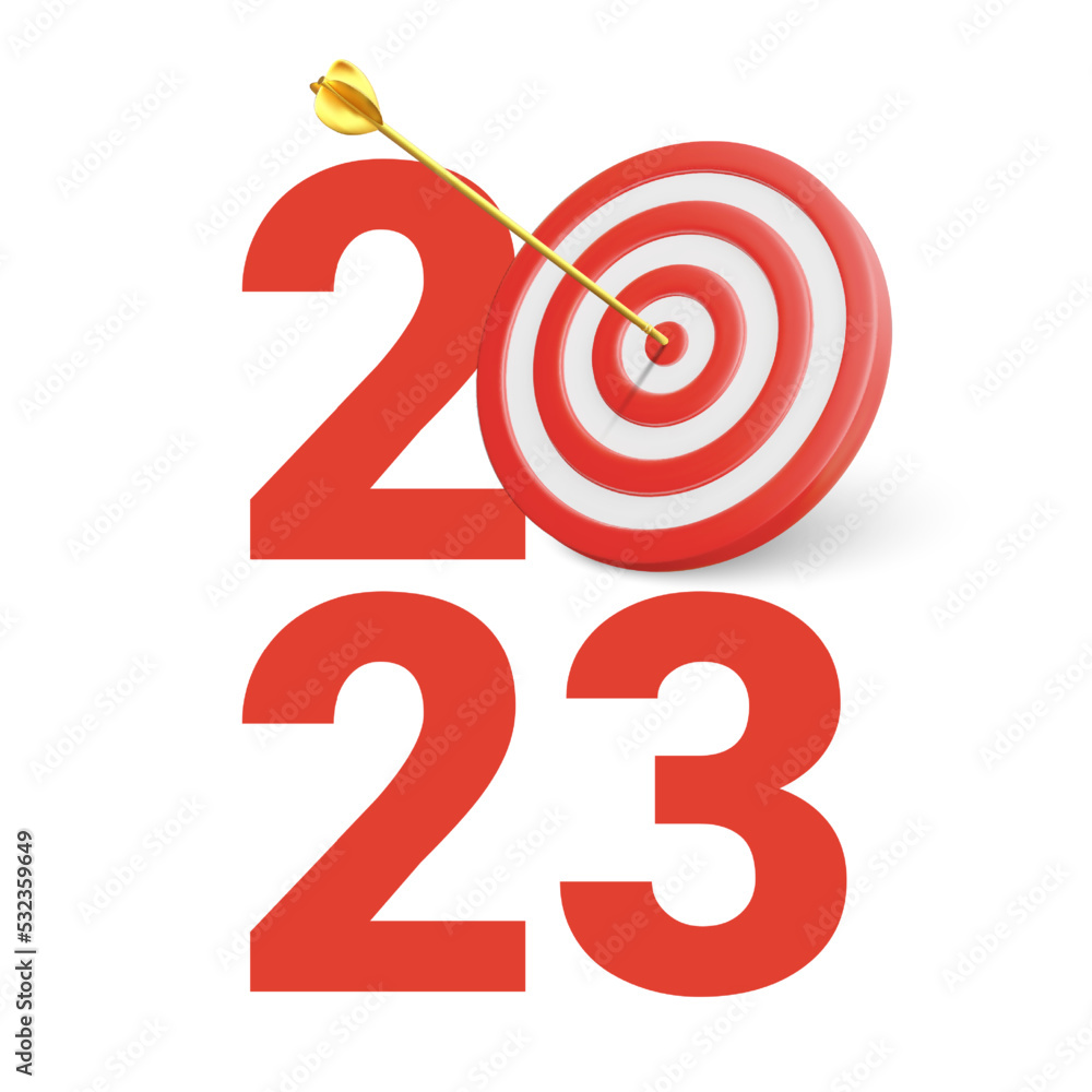New Year realistic target and goals with symbol of 2023 from red target and arrows. Target concept for new year 2023. Vector illustration New Year realistic target and goals with symbol of 2023 from red target and arrows. Target concept for new year 2023. Vector illustration