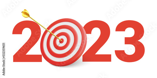 New Year realistic target and goals with symbol of 2023 from red target and arrows. Target concept for new year 2023. Vector illustration