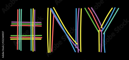 NY Hashtag. Isolate neon doodle lettering text from multi-colored curved neon lines like from a felt-tip pen, pensil. #NY is abbreviation for the US America state New York