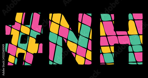 NH Hashtag. Tricolor isolated letters from contrast flowing fluid shapes. 3 colored Hashtag #NH is abbreviation for the US American state New Hampshire for social network, web resources, mobile app