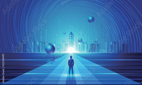 Businessman facing towards future city futuristic technology space background