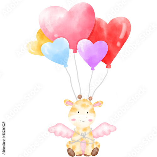 Cute balloons, giraffe illustration, watercolor balloons © amayda