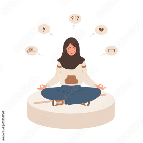 Sad islamic girl is sitting on large pill. Depression drugs. Unhappy woman needs medical help. Psychological illness concept. Vector illustration in flat cartoon style.