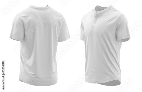 T-shirt henley collar short sleeve with placket and button. jersey fabric texture ( 3d rendered ) White
