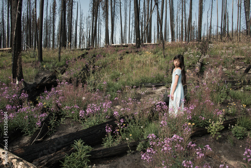 asian girl standing in field of flowers near trees after bush fire in Yellowstone national park photo