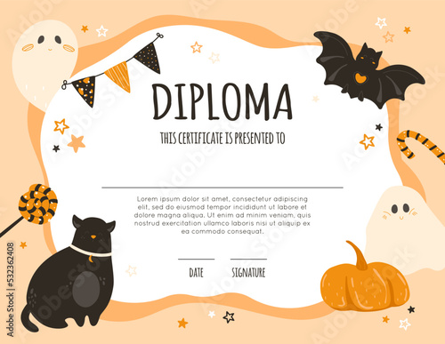 Halloween diploma template for kids with cute ghost, bat, black cat, pumpkin, sweets, bunting, stars. School, preschool, kindergarten certificate frame with copy space. Vector cartoon illustration