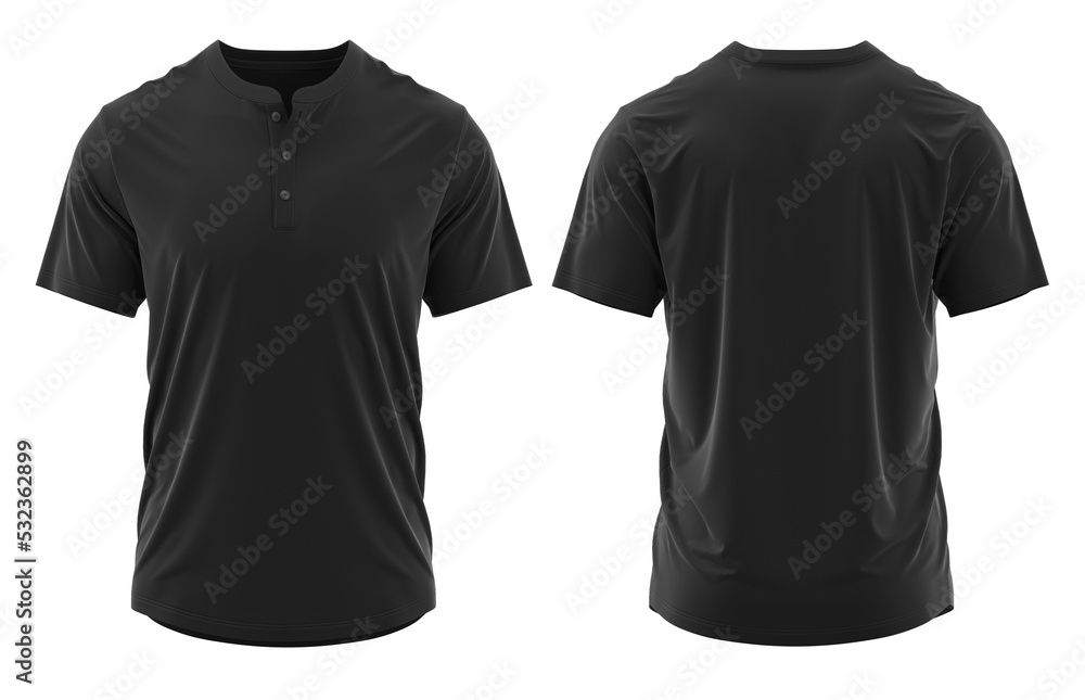 T-shirt henley collar short sleeve with placket and button. jersey fabric texture ( 3d rendered ) Black T-shirt henley collar short sleeve with placket and button. jersey fabric texture ( 3d rendered ) Black
