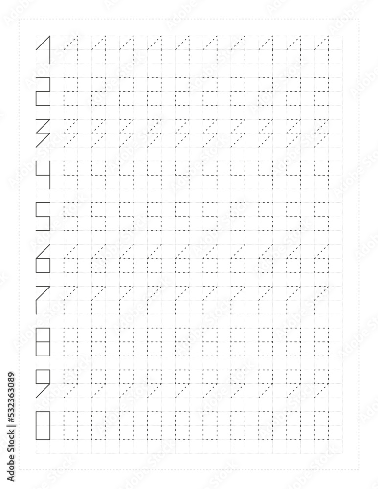 Number Tracing page practice, black,white, vector background illustration Number Tracing page practice, black,white, vector background illustration