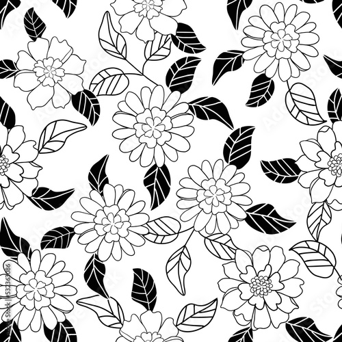 retro vector seamless pattern texture vintage style 70' and 60's flower pattern black and white flowers and leaves, great for wallpaper background fabric projects. 