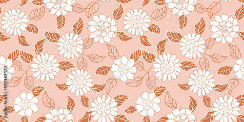 retro vector seamless pattern texture vintage style 70' and 60's flower pattern pink orange flowers and leaves, great for wallpaper background fabric projects. 