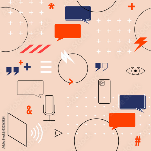 vector seamless abstract background. simple shapes and forms in trendy colors. microphone, dialog, news, tablet, laptop, wifi, internet, audio, dots, circles. video content, podcast, music, study