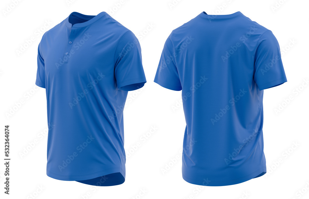 T-shirt henley collar short sleeve with placket and button. jersey fabric texture ( 3d rendered ) Blue T-shirt henley collar short sleeve with placket and button. jersey fabric texture ( 3d rendered ) Blue