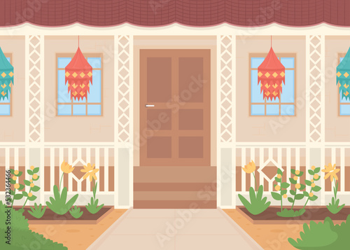 Diwali decorated house flat color vector illustration. Hanging paper lanterns outside for Deepavali festival. Fully editable 2D simple cartoon cityscape with home exterior on background