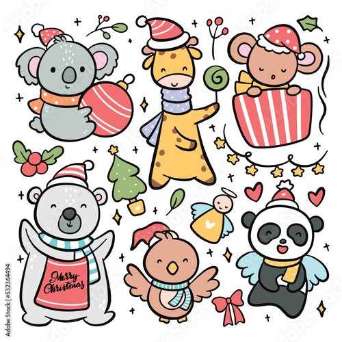 Canvas Print Set of hand drawn cartoon Christmas animal vector illustration