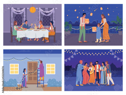 Diwali celebration flat color vector illustrations set. Indian traditions in modern life. Fully editable 2D simple cartoon characters with interior and exterior on background collection