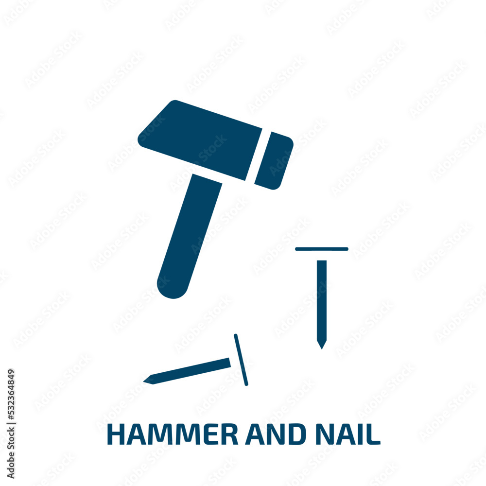hammer and nail icon from construction tools collection. Filled hammer and nail, nail, hammer glyph icons isolated on white background. Black vector hammer and nail sign, symbol for web design and hammer and nail icon from construction tools collection. Filled hammer and nail, nail, hammer glyph icons isolated on white background. Black vector hammer and nail sign, symbol for web design and