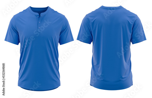 T-shirt henley collar short sleeve with placket and button. jersey fabric texture ( 3d rendered ) Blue