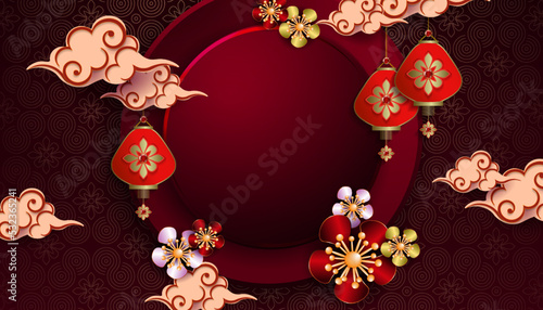 Burgundy composition with round frame, flowers and clouds in paper art style