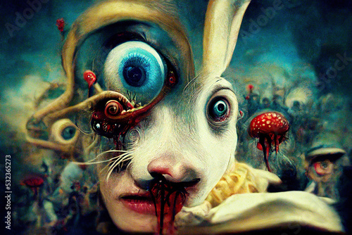 Salvador Dali style painting of alice in wonderland - horror, scary, mutation, morph photo