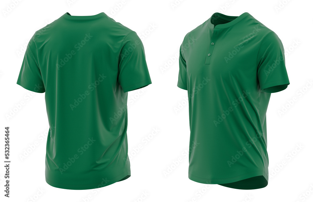 T-shirt henley collar short sleeve with placket and button. jersey fabric texture ( 3d rendered ) Green Green T-shirt henley collar short sleeve with placket and button. jersey fabric texture ( 3d rendered ) Green Green