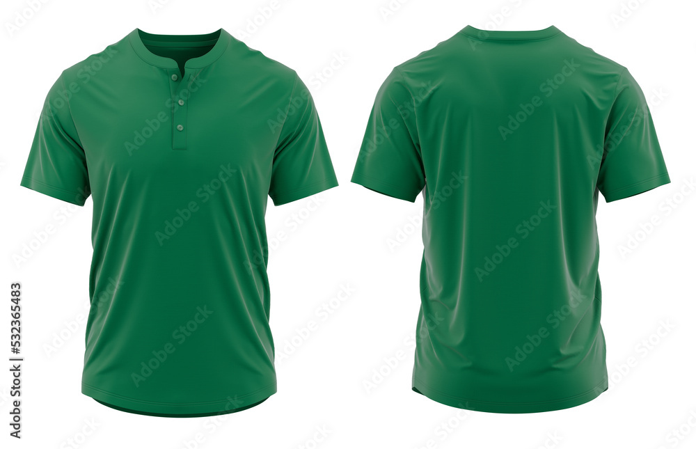 T-shirt henley collar short sleeve with placket and button. jersey fabric texture ( 3d rendered ) Green T-shirt henley collar short sleeve with placket and button. jersey fabric texture ( 3d rendered ) Green