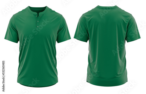 T-shirt henley collar short sleeve with placket and button. jersey fabric texture ( 3d rendered ) Green