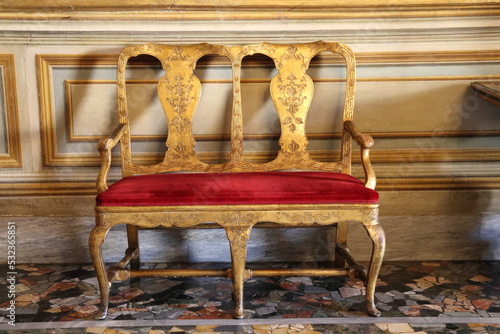 Photography Palazzo Colonna Interior Detail with Golden Wooden Carved Bench in Rome, Italy